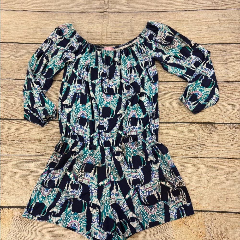 😍Lilly Pulitzer Navy and Teal Elephant Romper size small